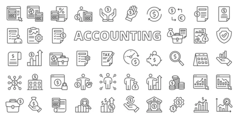 Fotobehang Accounting icons in line design. Accounting, analytics, finance, business, money, financial, audit, tax, budget, capital isolated on white background vector. Accounting editable stroke icons. © Bezvershenko