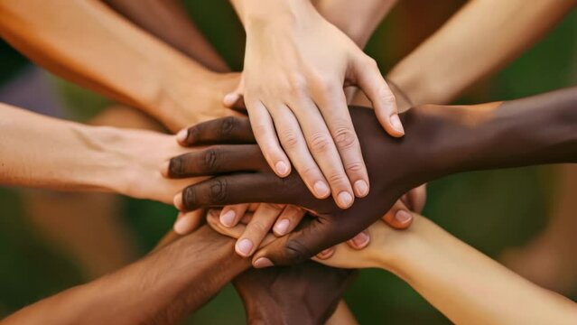 A lot of people put their hand together. Unity concept close up. United team idea. Anti racism sign. Group diverse arm on top of each other. Racial love symbol. Many different multi ethnic. Mixed race