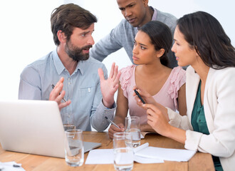 Group, laptop and business people planning with leader, training or brainstorming in creative...