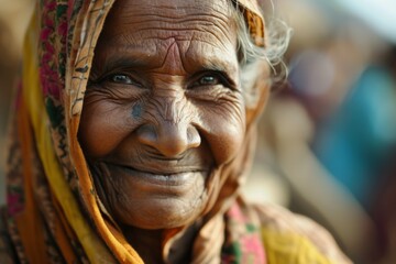 Anciana mayor de india sonriente con pañuelo colorido en la calle - obrazy, fototapety, plakaty