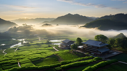 aerial view aerial view of a farm with farm products and field in changchong countryside at sunrise in hong kong