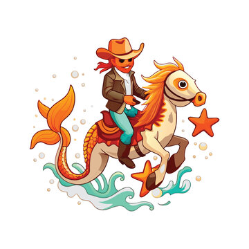 a cowboy fish with a hat and boots riding a seaho