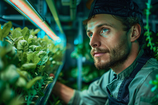 Man inspecting plants attentively in a high-tech indoor farm