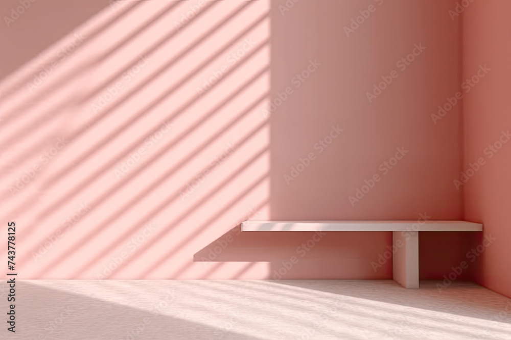 Poster a white bench sits in a pink room, casting a long shadow on the wall, creating a serene and contempl