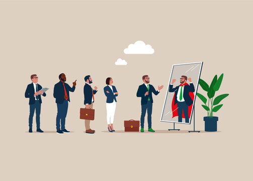 Business people dreams of becoming a superhero looking at his strong ideal self superhero reflection mirror. Self confidence, positive attitude to success, determination to achieve goals. Vector