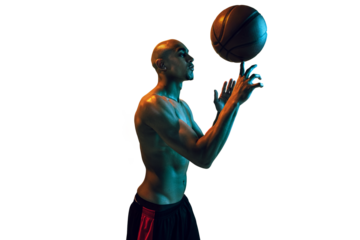 Muscular young man, shirtless basketball player spinning ball on fingertip isolated on transparent background. Concept of sport, competition and tournament, health