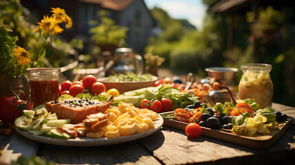 lots of foods are on a table outside while the setting is still sunny