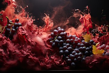 A vibrant assortment of red and black grapes scattered on a sleek black background