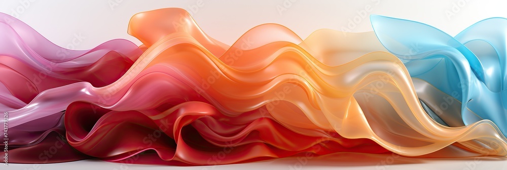 Poster a vibrant display of different colored cloth waves elegantly flowing across a white background, crea