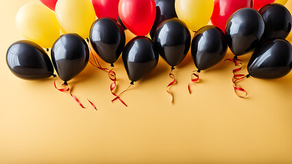 black and red balloons and a crinfette on a yellow background of a postcard with a place for text
