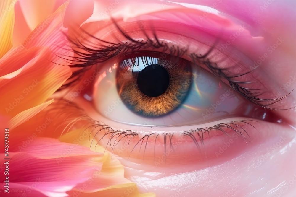 Poster a close-up shot of a persons eye captivates the viewer, with a delicate flower in soft focus in the 