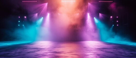 Empty stage with colorful spotlights. Scene lighting effects. 