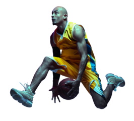 Muscular, competitive young man, basketball player in yellow uniform, jumping with ball, training isolated on transparent background. Concept of sport, competition and tournament, health