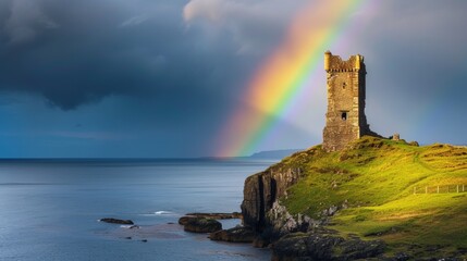 A stunning image of a rainbow ending at an old Irish tower castle on the coast.