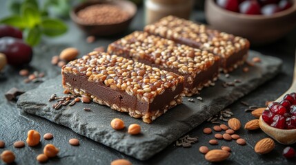 Superfood protein bars with dates, oats, peanut butter, chocolate and chia seeds.