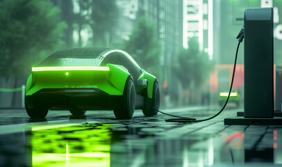 Night rainy evening futuristic city downtown cityscape image with a modern electric EV car bright green colour with LED light on charging station. EV technology and future transportation concept photo