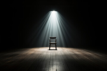 Empty chair in a dark room in the rays of a spotlight. Generated by artificial intelligence