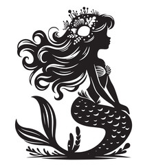 Vintage Retro Styled Vector Mermaid Silhouette Black and White - illustration