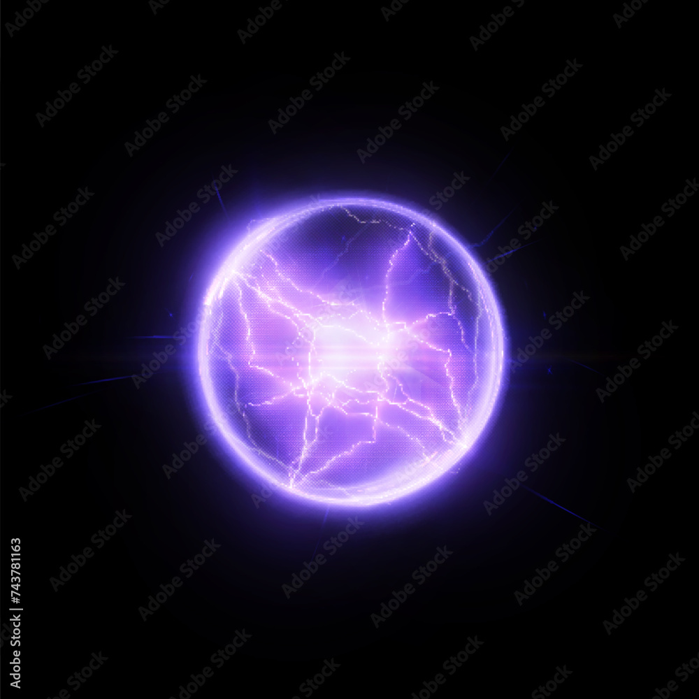Poster magic plasma ball. abstract translucent light effect with an explosion of electric ball lightning.