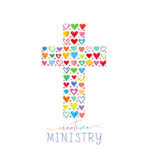 Creative cross with set of hand drawn style colorful hearts. Christian ministry logo concept. Sunday school cute symbol. Isolated elements. Flat design. Church icon template. Charity mission sign idea