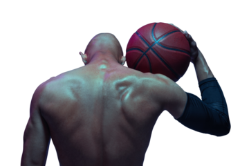 Back view image of muscular shirtless basketball player standing with ball on shoulder isolated on transparent background. Concept of sport, competition and tournament, health