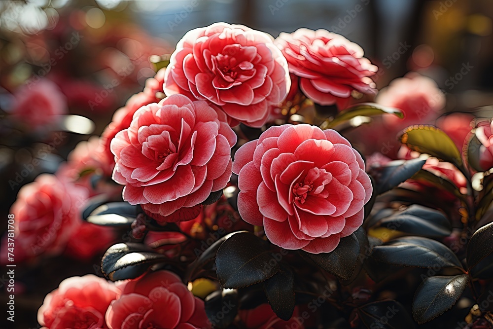 Poster an array of delicate pink flowers blooming vibrantly in a pot, creating a stunning and enchanting di