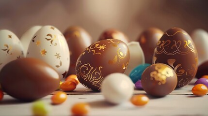 easter themed wallpaper with chocolate eggs  - obrazy, fototapety, plakaty
