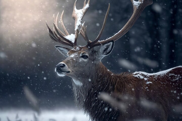 Majestic Deer in the cold snowy winter forest. Amazing Wildlife. Generative AI