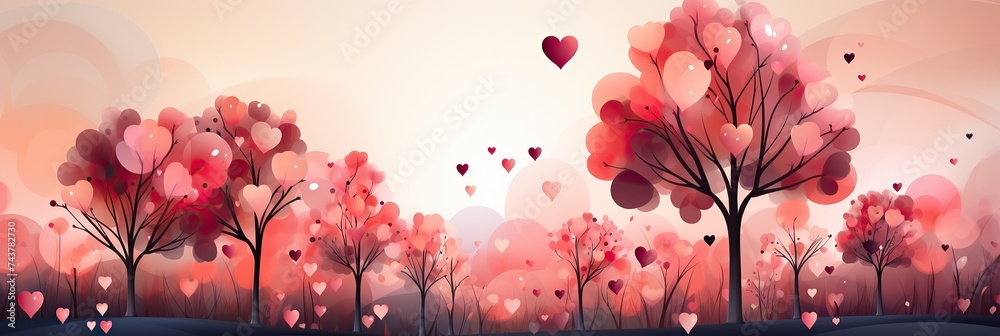 Poster a colorful painting depicting trees with heart-shaped leaves soaring through the sky alongside heart