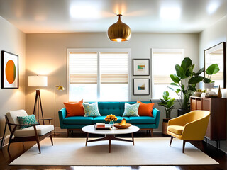 Fototapeta premium modern living room with sofas, multicolor cushions and a hanging brown lamps