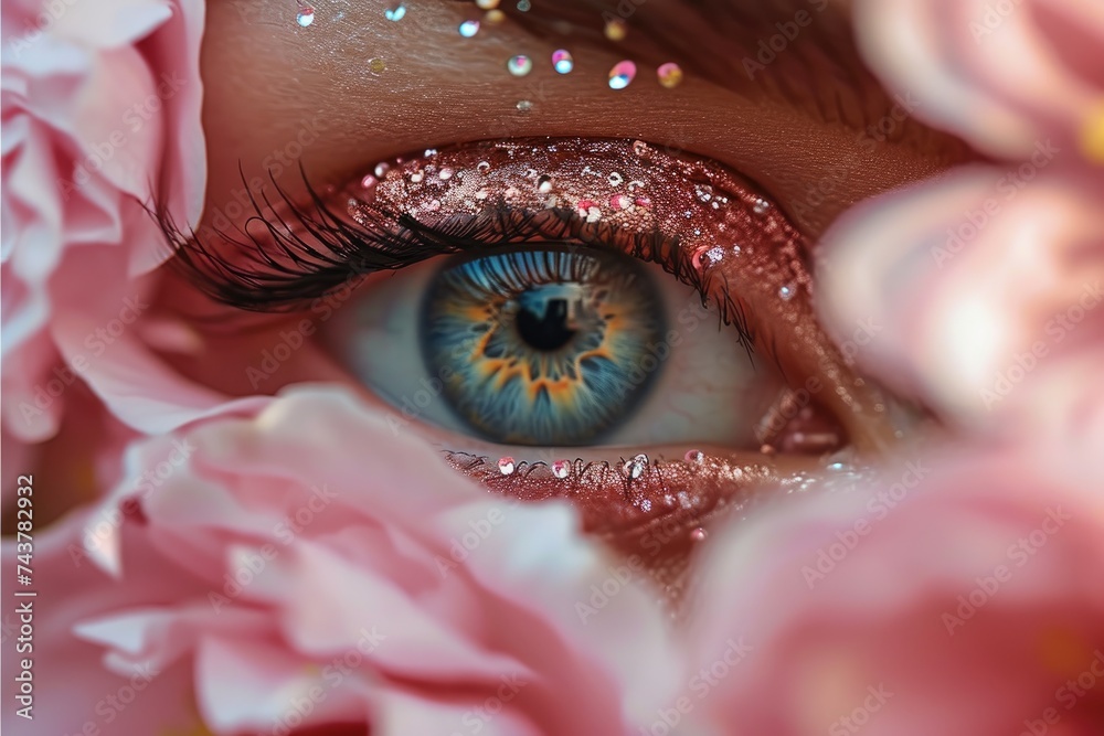 Poster a close-up shot of a persons eye with shimmering glitter enhancing its beauty and creating a mesmeri