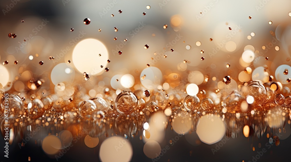 Aufkleber Close-up of a myriad of glistening bubbles scattered across a wooden surface, reflecting light in a mesmerizing display