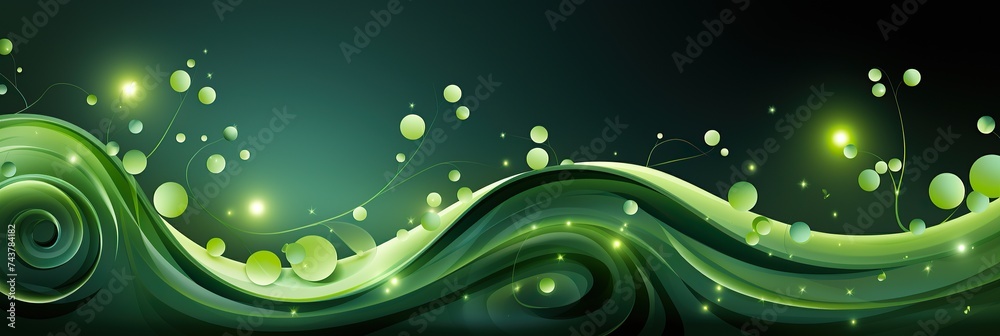 Poster A vibrant green background filled with shimmering bubbles and sparkling lights, creating a captivating and otherworldly atmosphere
