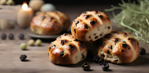 A traditional hot  chocolate cross bun. Easter time sweet treat in a dark background ai generative