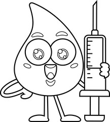 Outlined Cute Blood Drop Cartoon Character Holding A Syringe. Vector Hand Drawn Illustration Isolated On Transparent Background