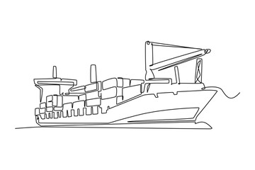 One line drawing of a cargo shipping ship with containers on board. Courier cargo delivering vehicle transportation concept. Single continuous line draw design