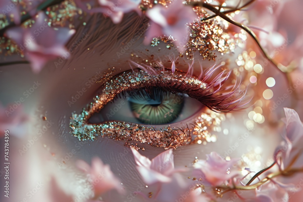 Poster close-up eye, beautifully accentuated with shimmering glitter that creates a captivating and enchant