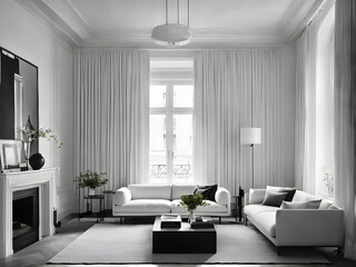 Fototapeta na wymiar A balck and white room with two white sofas, a side lamp and one center table 
