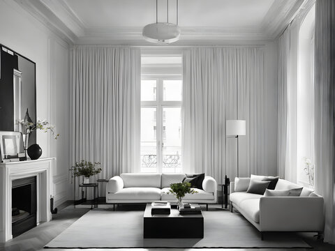 A balck and white room with two white sofas, a side lamp and one center table 