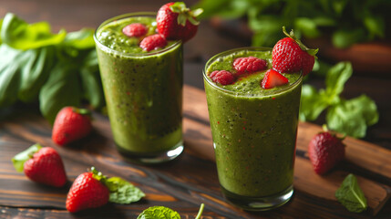 green smoothie with spinach, strawberry and mint in glass