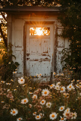 old wooden white door with a window in a flower field