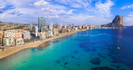 Costa Blanca, Spain. Aerial drone panoramic view of coastal city Calpe with great beaches. Alicante...