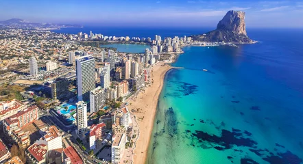  Costa Blanca, Spain. Aerial drone panoramic view of coastal city Calpe with great beaches. Alicante province. © Freesurf