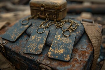 Detailed shot of military dog tags and a soldier's equipment symbolizing readiness