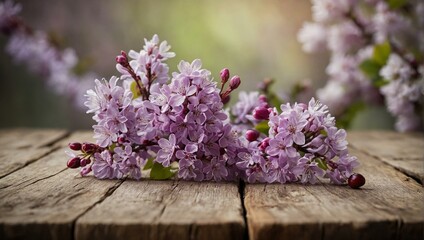 lilac flowers on wooden table, spring flower background