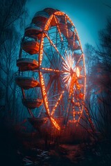 Illuminated Ferris wheel in cloudy weather in the park. dark amusement park. vertical orientation - obrazy, fototapety, plakaty