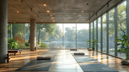 Unrolled yoga mats on wooden floor in fitness center with nobody. yoga room with panoramic windows - Powered by Adobe
