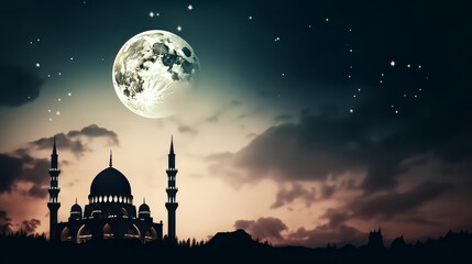 Fototapeta premium Mosque in front of night cloudy and starry sky Illustration AI Generative