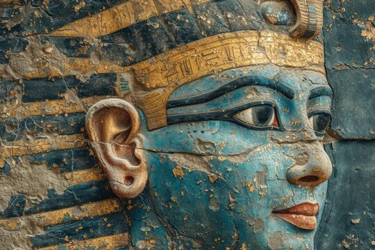This photo features a painting of an Egyptian god depicted on a wall.