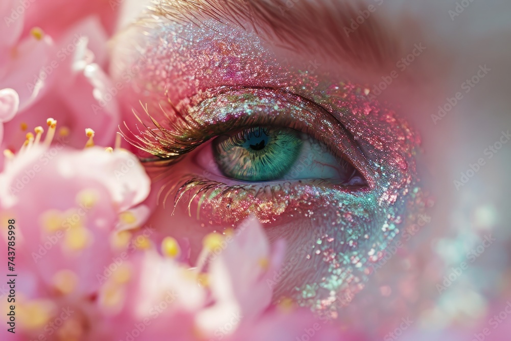 Poster persons eye intricately adorned with shimmering glitter, creating a mesmerizing and enchanting effec